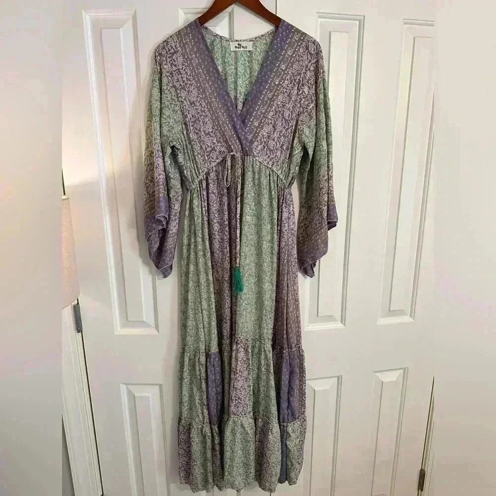 Bigg Bull by Cam Kimono Maxi Dess Green and Purple Metallic one size Silk blend